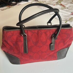 Vintage Coach F1J-7721 Red Wool with Dark Brown Leather Trim Shoulder bag
